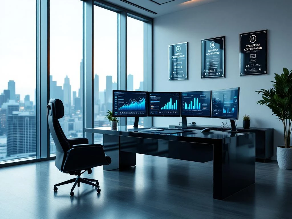 Modern office workspace with multiple monitors displaying data analytics, executive chair, and city skyline view through windows.