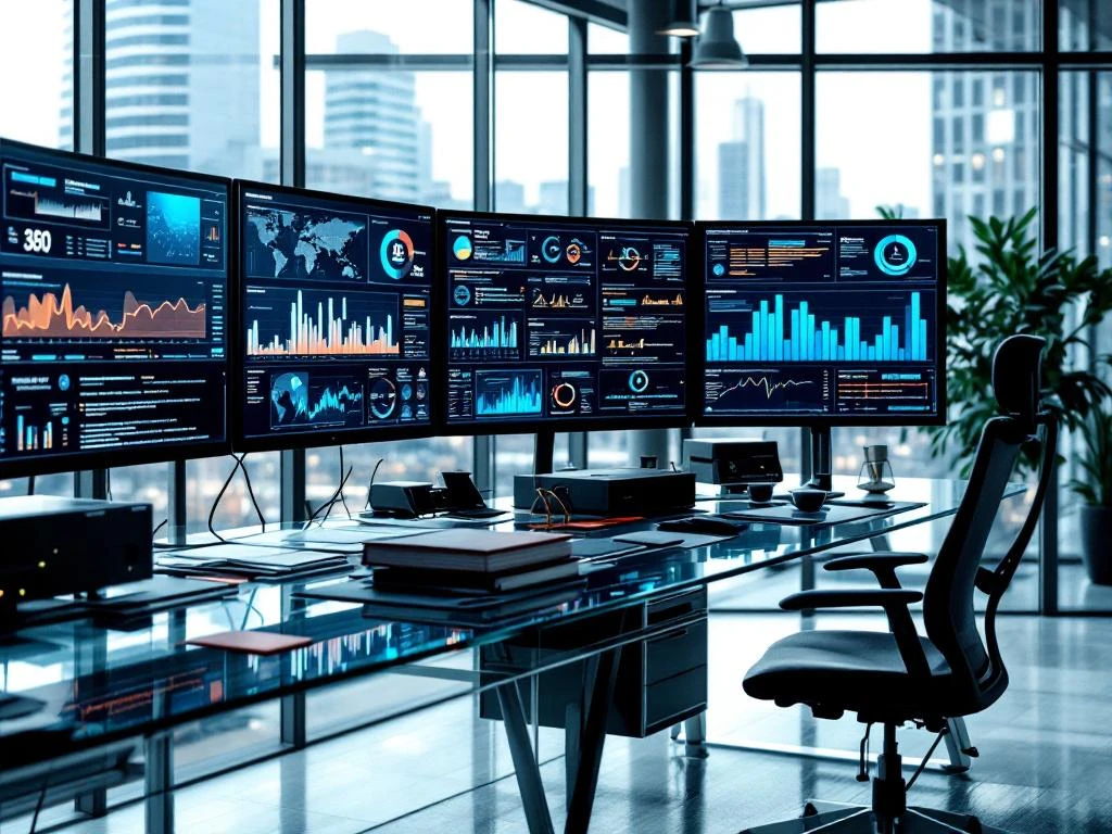 Modern office workspace with multiple monitors displaying cybersecurity dashboards and legal documents on glass desk