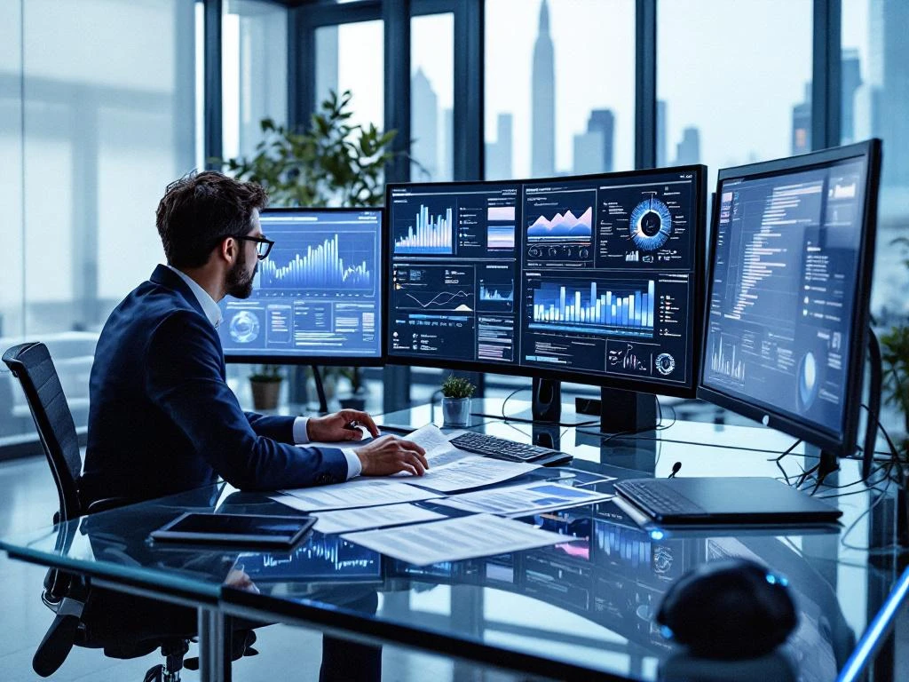 Professional analyst reviewing security data visualizations on multiple monitors at modern office desk with city skyline view.