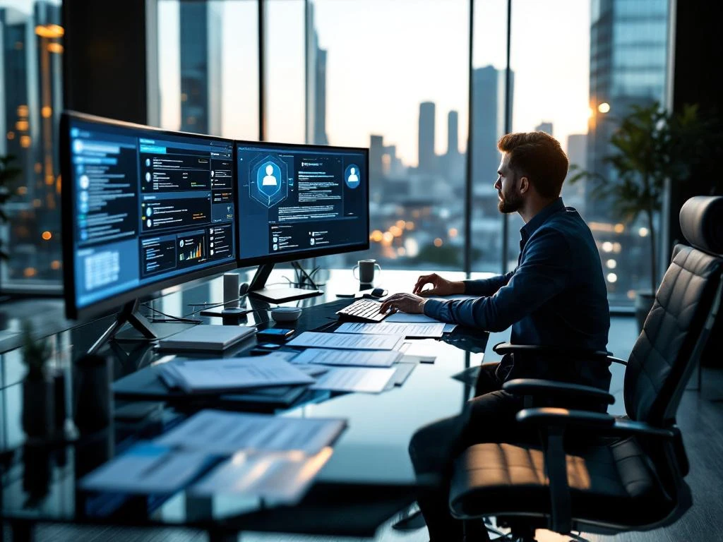 Security director reviewing cybersecurity candidate profiles on monitor at modern glass desk office with city skyline view