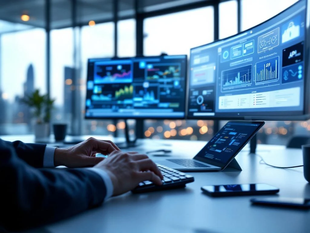 Security director typing on mechanical keyboard with multiple monitors displaying network diagrams in modern office