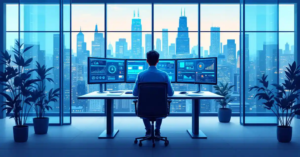 Cybersecurity analyst at standing desk with multiple monitors showing security dashboards, Chicago skyline visible through windows