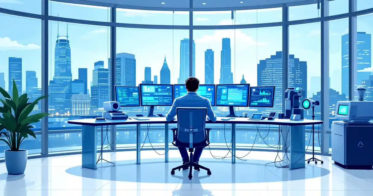 Cybersecurity analyst reviewing digital forensics data on multiple monitors at modern desk with Boston skyline view