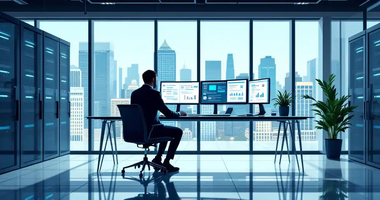Cybersecurity analyst reviewing healthcare data privacy documents on multiple monitors in modern Baltimore office with city skyline view