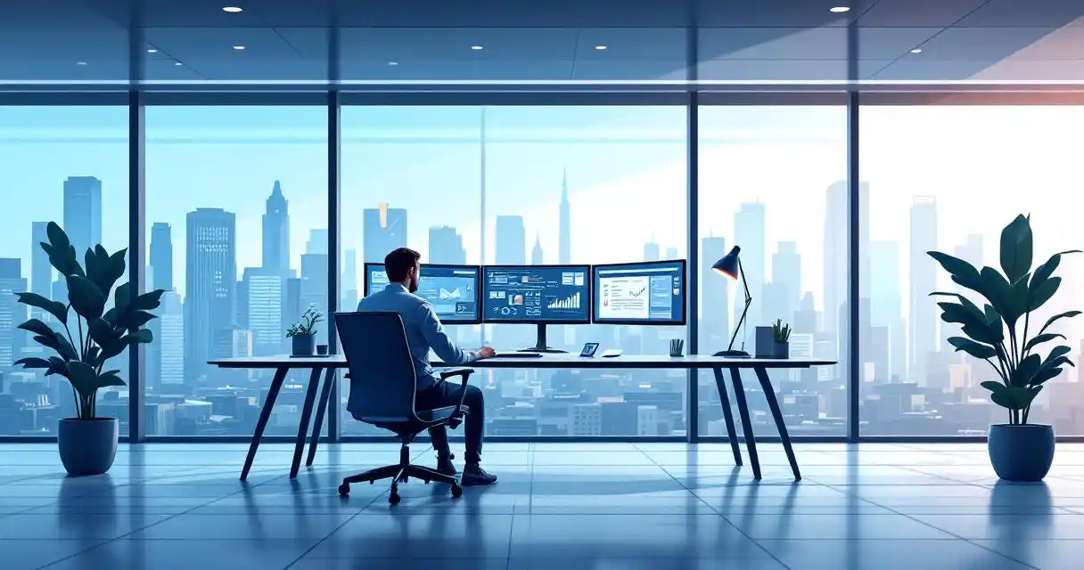 Cybersecurity analyst at curved glass desk with multiple monitors showing network data in modern office with city skyline view