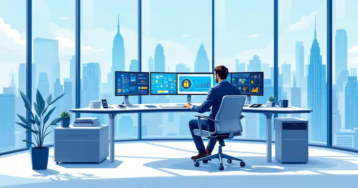 Cybersecurity analyst at curved glass desk with multiple monitors showing data visualizations in Manhattan office