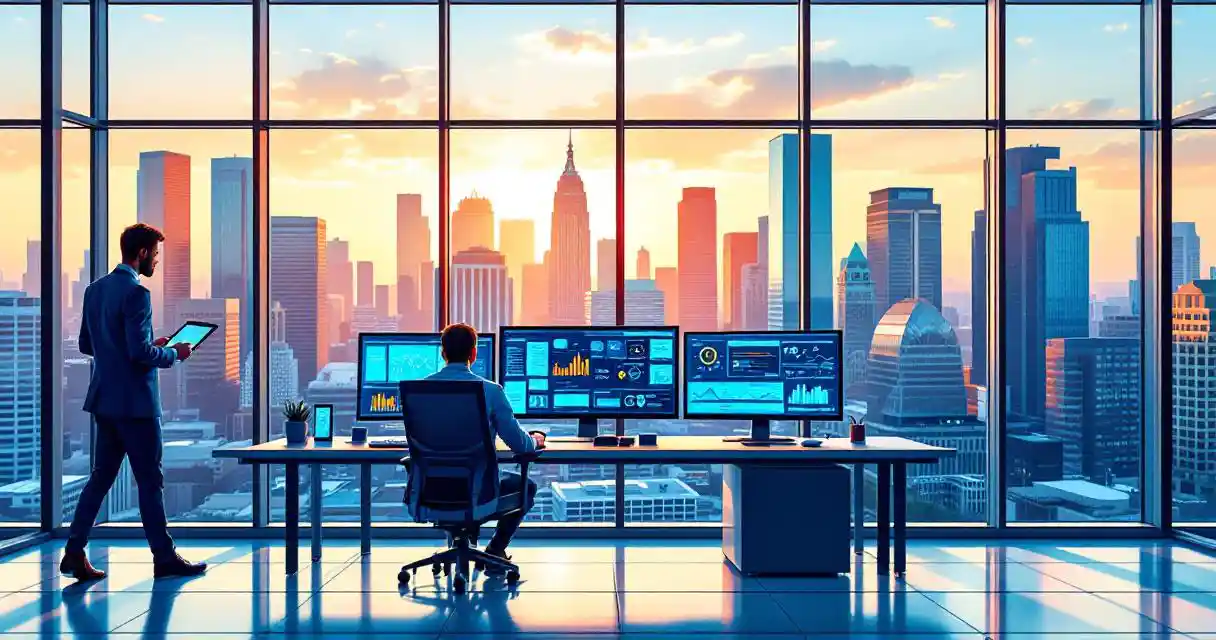 Cybersecurity analyst reviewing data on tablet at modern office desk with multiple monitors and Texas city skyline view