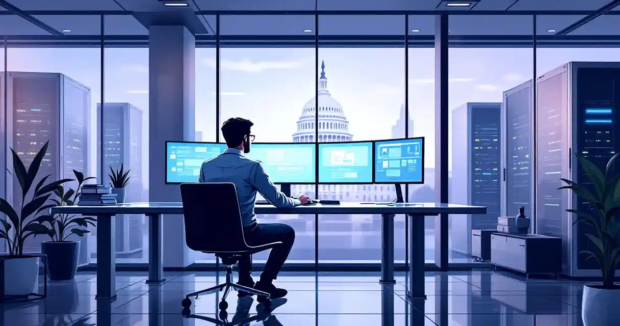 Cybersecurity analyst at glass desk with multiple monitors in modern DC office, server racks with blue LEDs, Capitol dome in background.