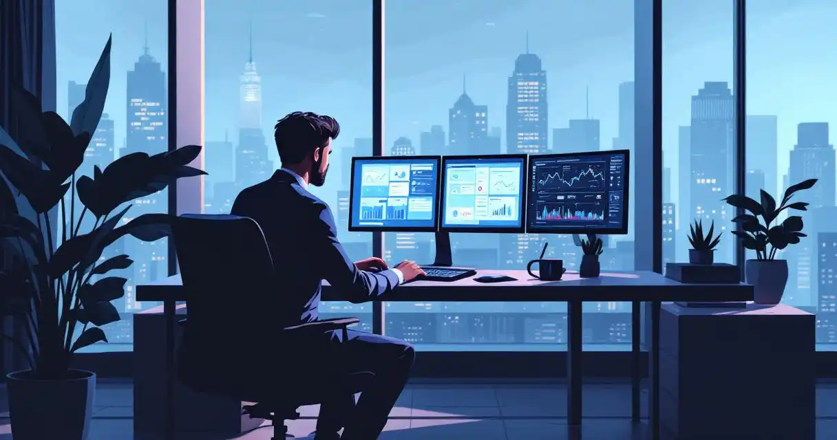 Cybersecurity analyst at workstation with multiple monitors showing network security dashboards in modern office