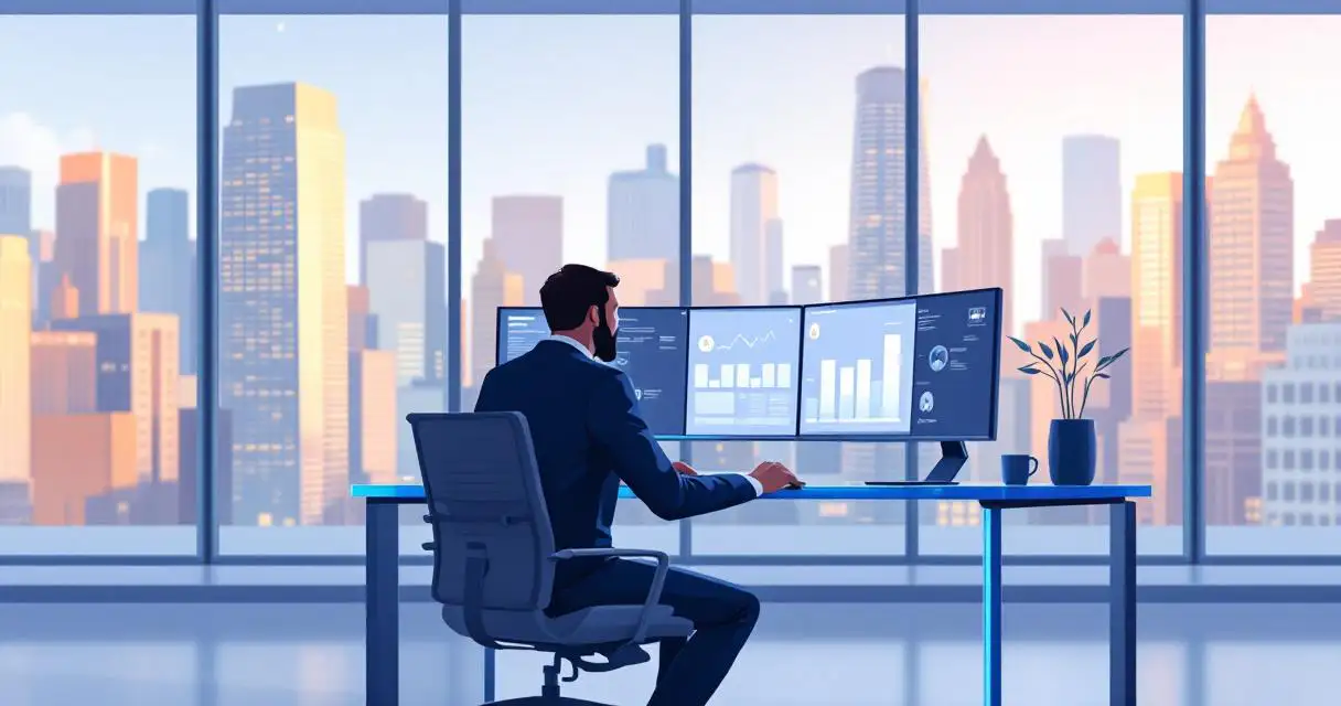 Cybersecurity professional analyzing data on multiple monitors at modern office desk with Boston skyline view