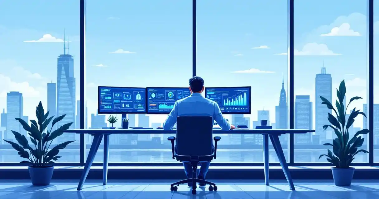 Cybersecurity professional analyzing data on multiple monitors at modern office desk with city skyline view