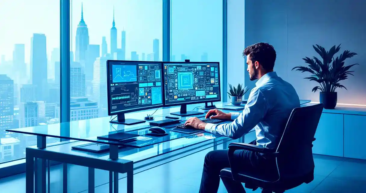 Cybersecurity professional analyzing circuit boards on multiple monitors at modern office desk with city skyline view