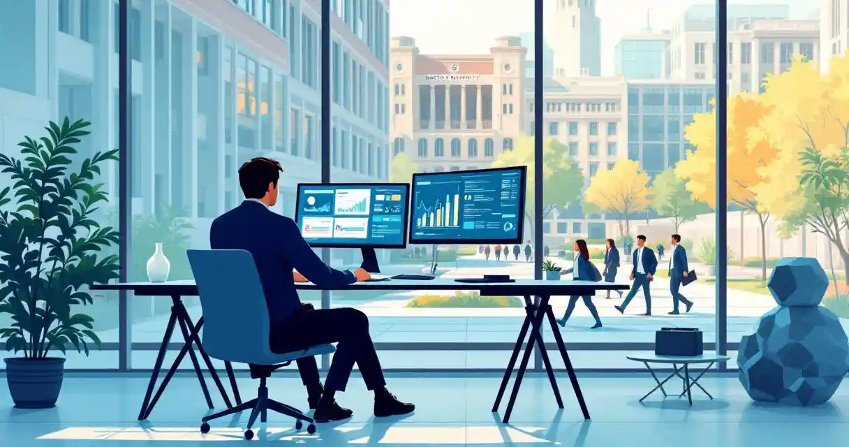 Cybersecurity professional analyzing data on multiple monitors at modern office desk with Boston University campus view