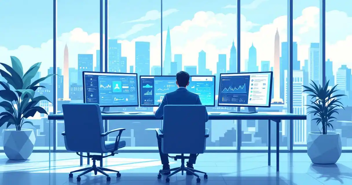 Cybersecurity professional reviewing security clearance documents at desk with encrypted data on monitors, Washington DC skyline visible through windows