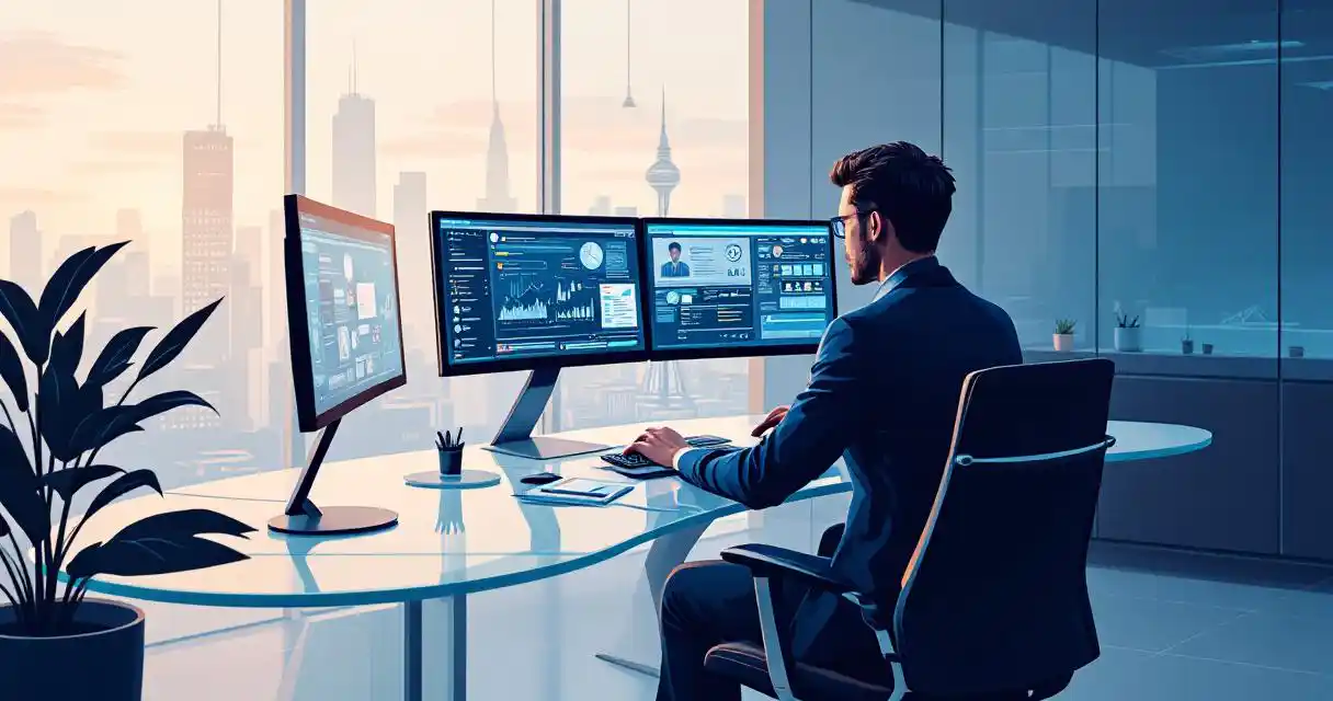 Cybersecurity professional analyzing digital forensics data on multiple monitors in modern office with city skyline view