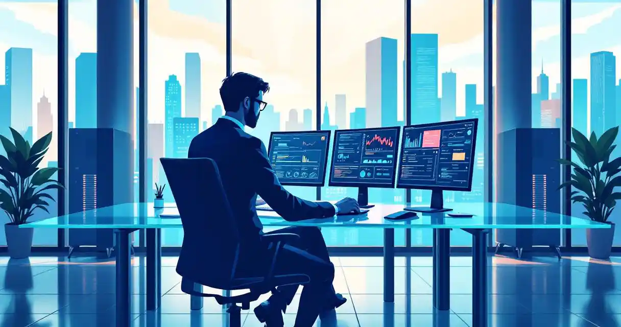 Cybersecurity professional analyzing digital forensics data on multiple monitors in modern glass office with city skyline view