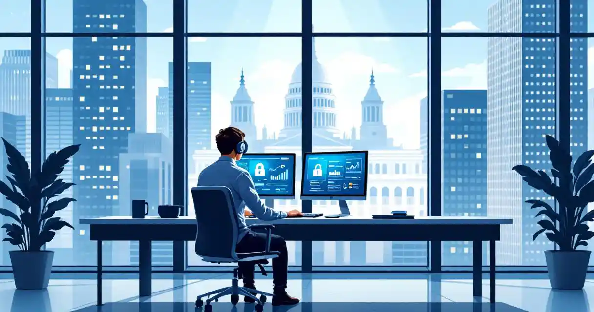 Cybersecurity professional analyzing data on multiple monitors at modern workstation with government building visible outside