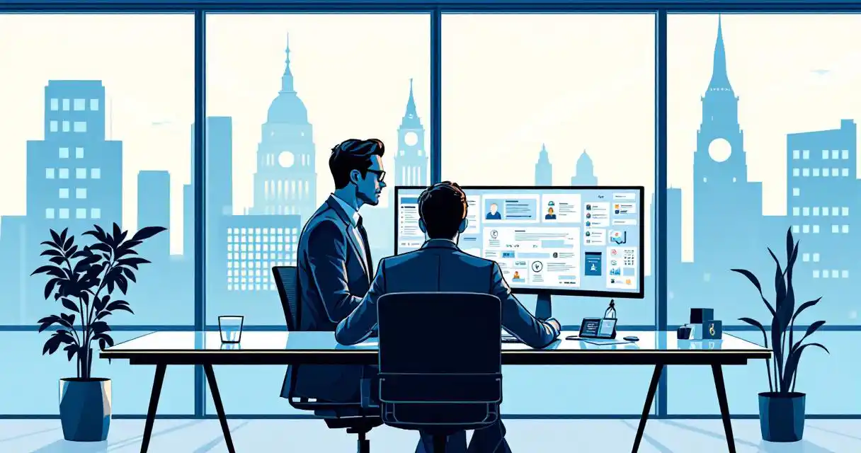 Cybersecurity professional reviewing digital security documents on monitor at modern office desk with government buildings visible through windows