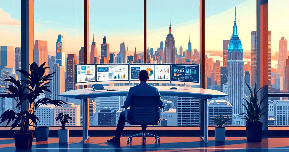 Cybersecurity professional at curved glass desk with multiple monitors showing security dashboards, Manhattan skyline view