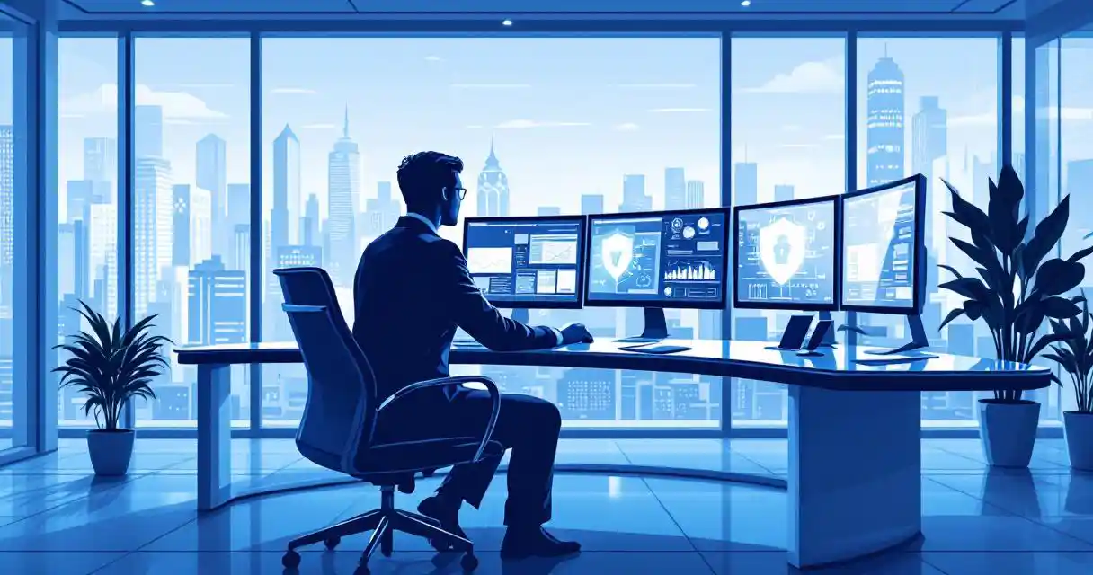 Cybersecurity professional reviewing security protocols on multiple monitors at modern office desk with city skyline view.