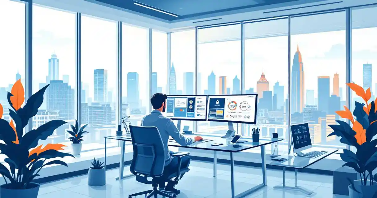 Cybersecurity professional at modern office desk with multiple monitors showing network security dashboards and Virginia cityscape