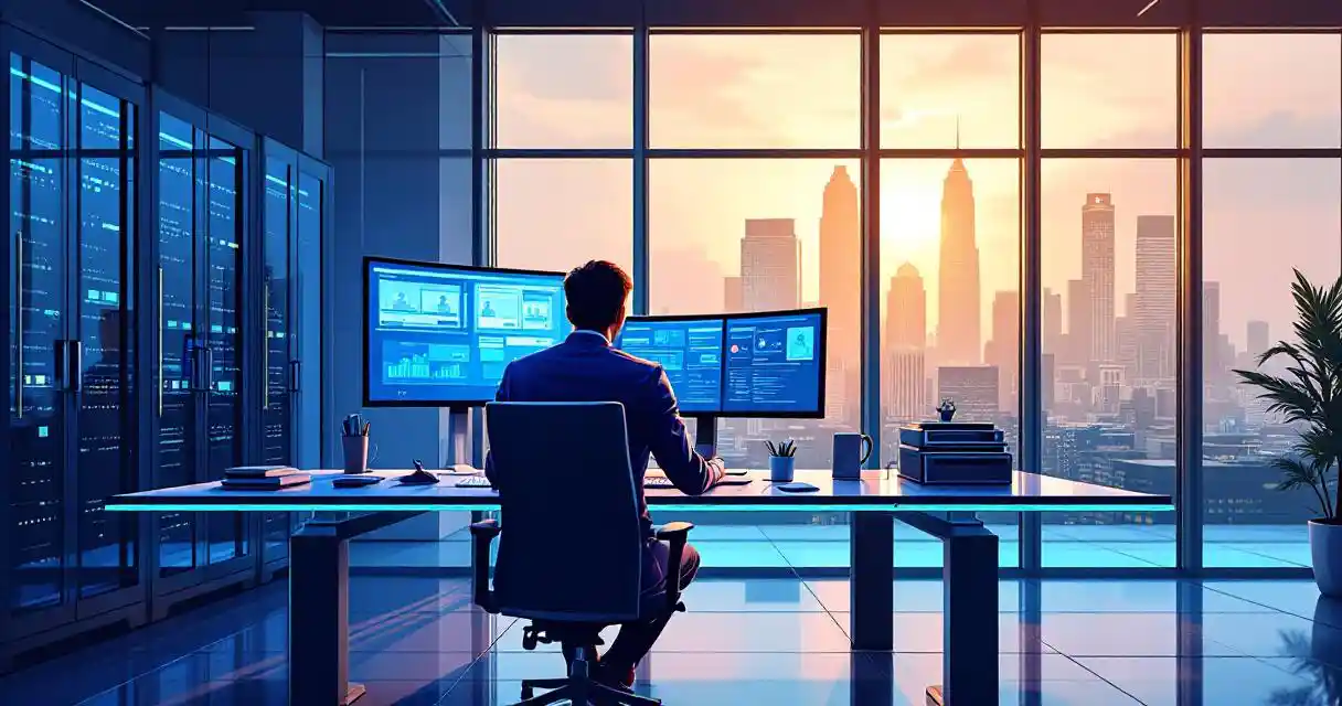 Cybersecurity professional at glass desk reviewing digital files on multiple monitors in modern office with city view