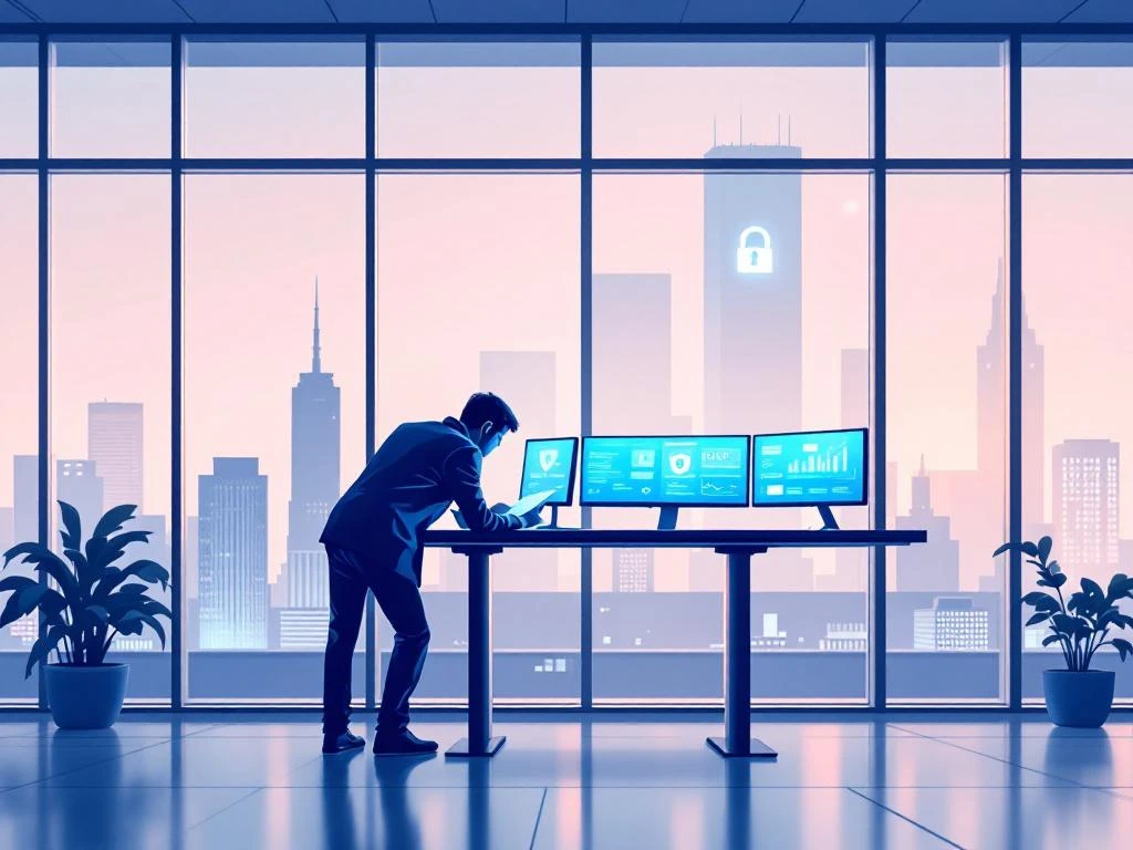 Cybersecurity professional reviewing documents at standing desk with multiple monitors displaying security dashboards in modern office