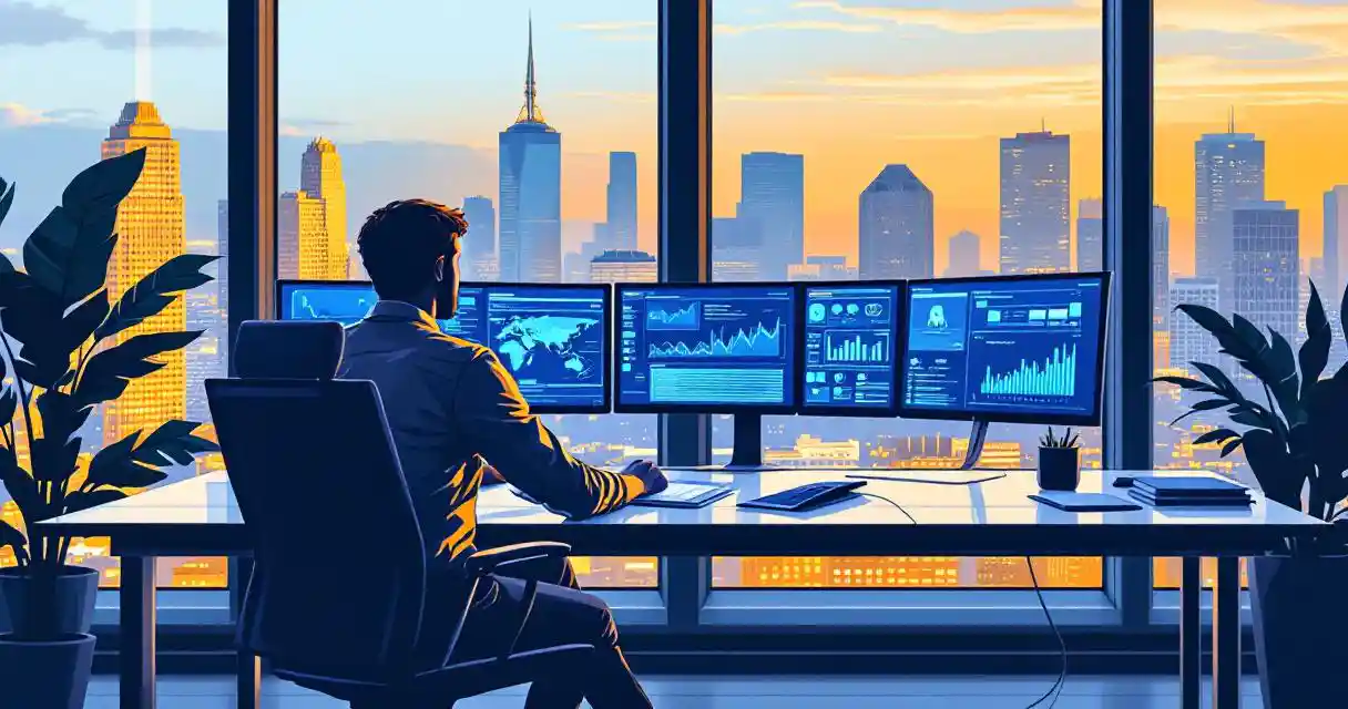 Cybersecurity professional analyzing data on multiple monitors in modern office with California city view at golden hour