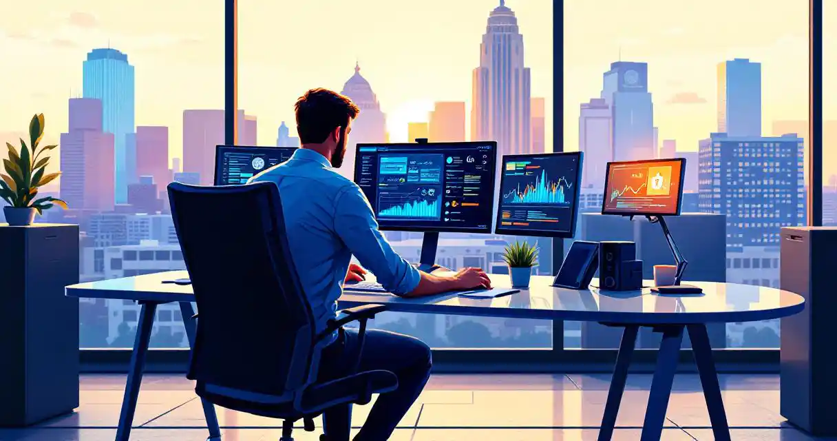 Cybersecurity professional analyzing data on multiple monitors at modern office desk with Austin skyline view during golden hour