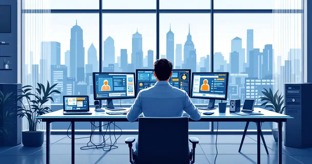 Cybersecurity professional analyzing digital case files on multiple monitors in modern office with city skyline view