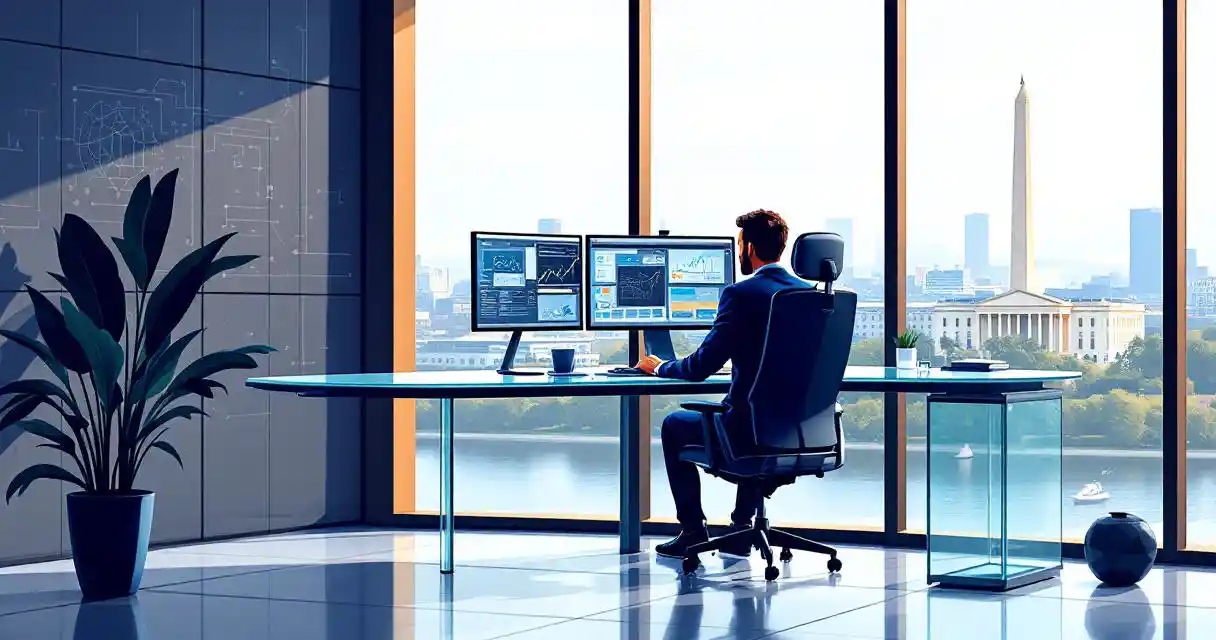 Cybersecurity professional at modern glass desk with multiple monitors reviewing digital files, Washington DC skyline visible through floor-to-ceiling windows.