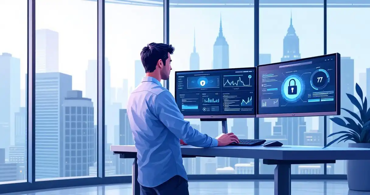 Cybersecurity professional at standing desk with multiple security monitors in modern glass office overlooking city skyline.