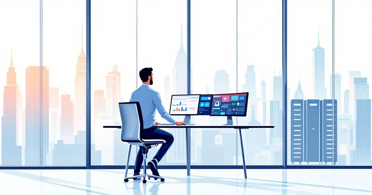 Cybersecurity professional at standing desk with multiple monitors showing security dashboards in modern NYC office