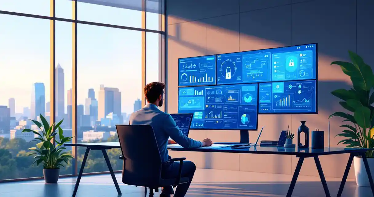 Cybersecurity professional analyzing network data on multiple monitors at modern office desk with Northern Virginia skyline view