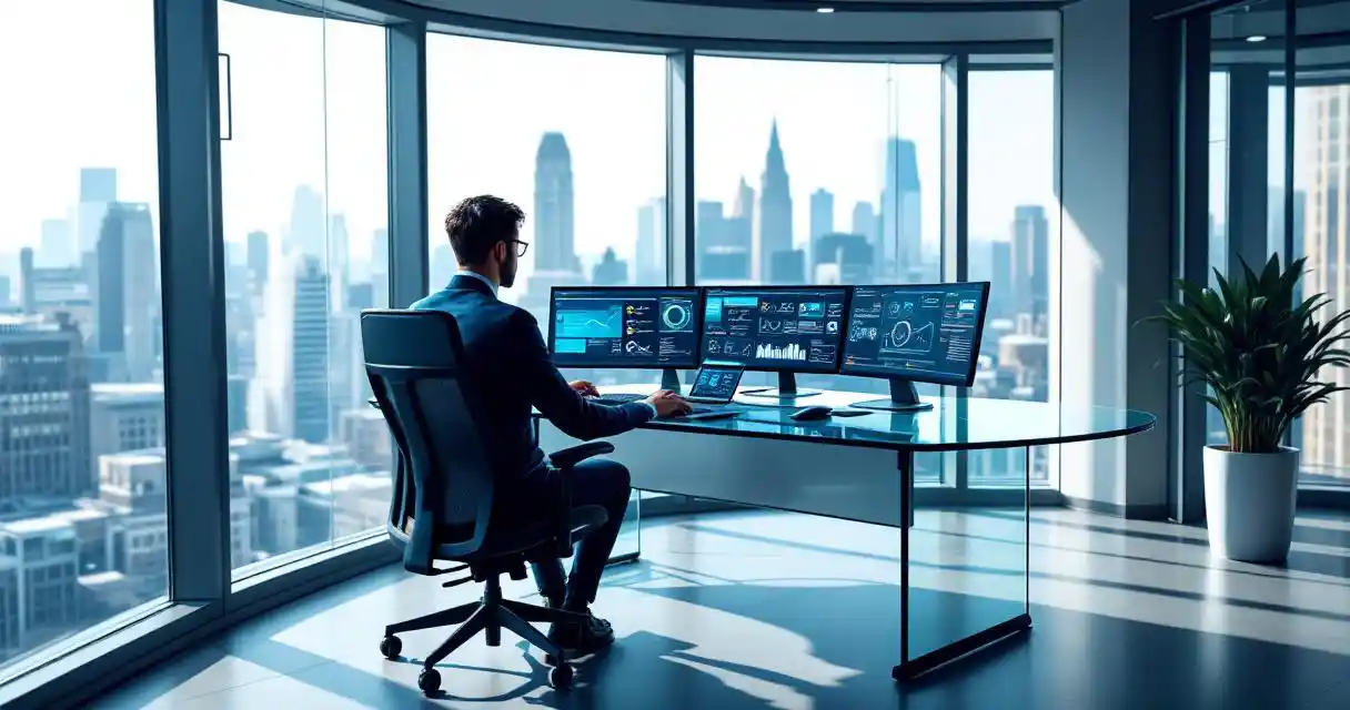 Cybersecurity professional working at curved glass desk with multiple monitors showing security dashboards in modern Cambridge office