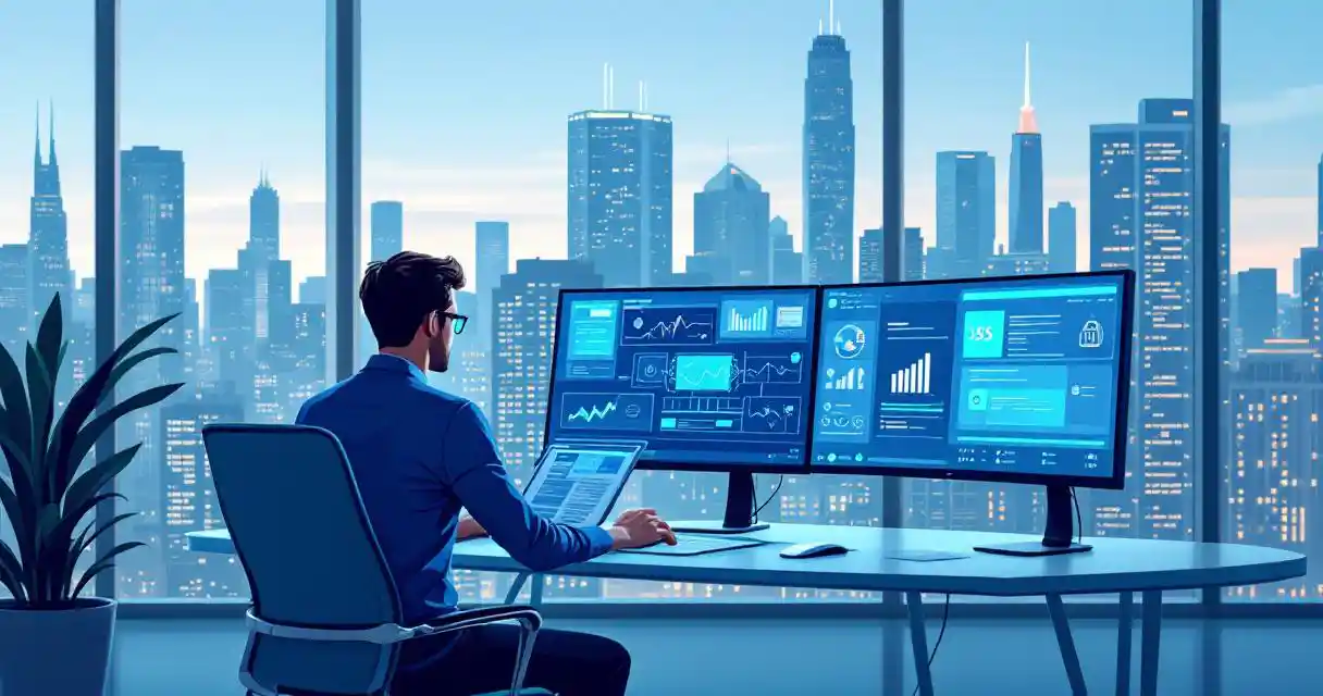 Cybersecurity professional analyzing security data on multiple monitors at modern office desk with Chicago skyline view