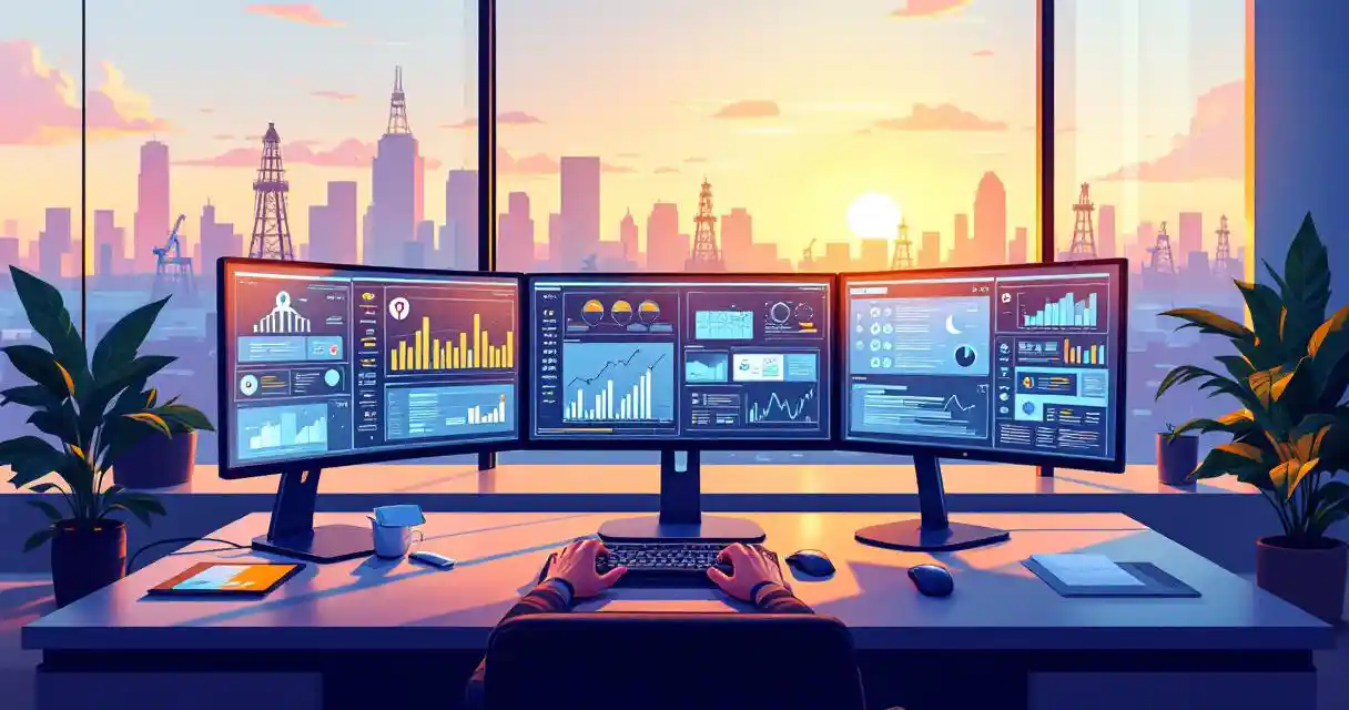 Cybersecurity professional typing at workstation with multiple monitors displaying security dashboards, city skyline visible through windows