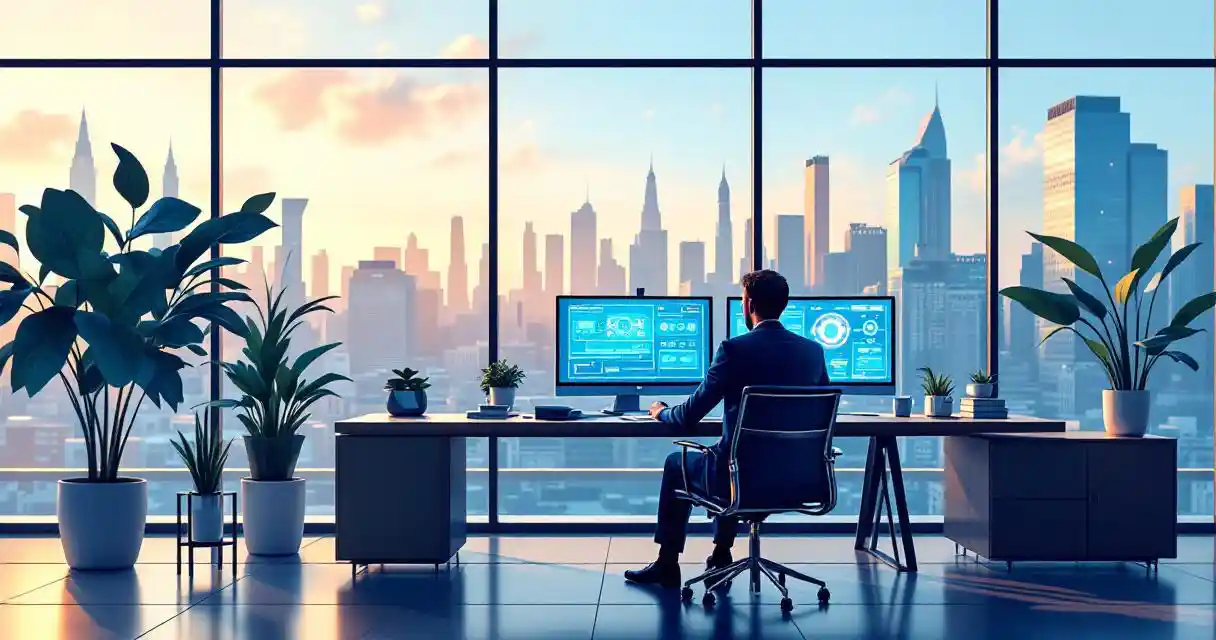 Professional at modern office desk reviewing cybersecurity network diagrams on dual monitors with city skyline view