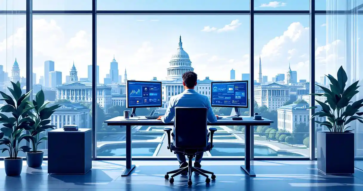 Cybersecurity professional at standing desk with multiple monitors showing security dashboards, Washington DC Capitol view