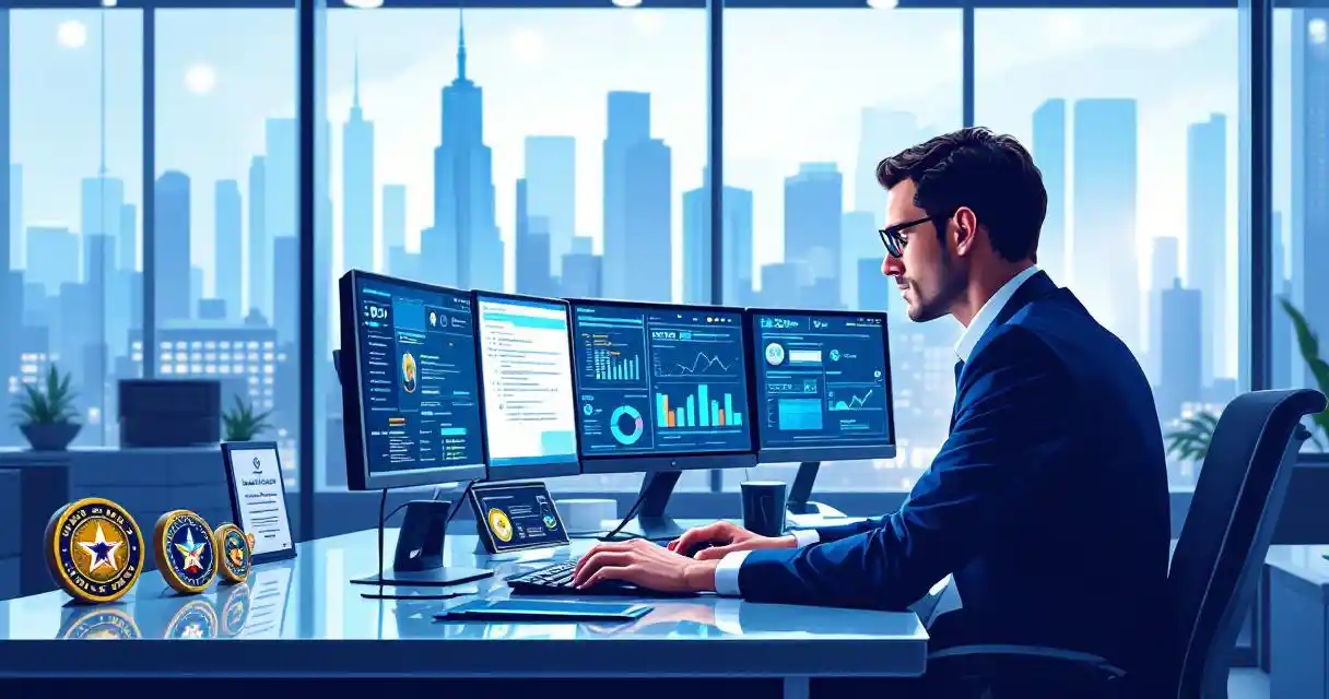 Cybersecurity professional in navy suit working at multi-monitor workstation with network security dashboards in modern office.
