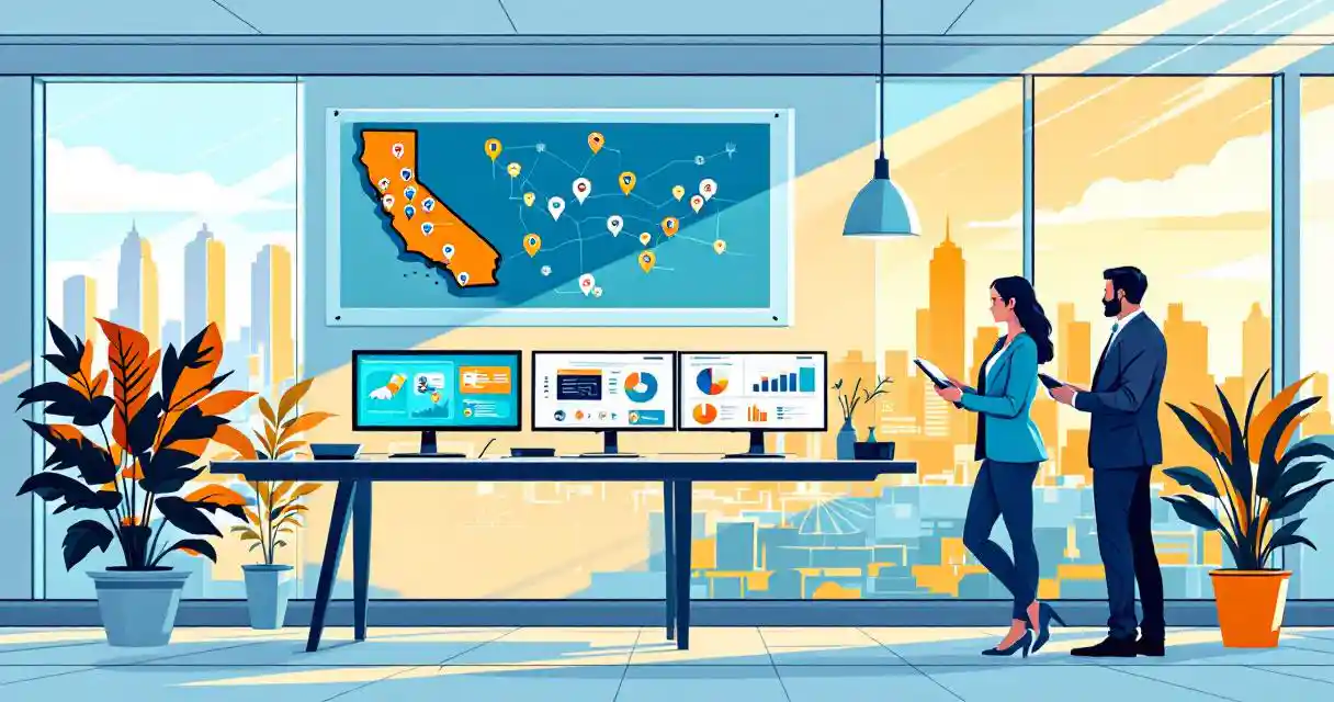 Modern office with standing desk, dual cybersecurity monitors, professional reviewing profiles, California map, LA skyline view