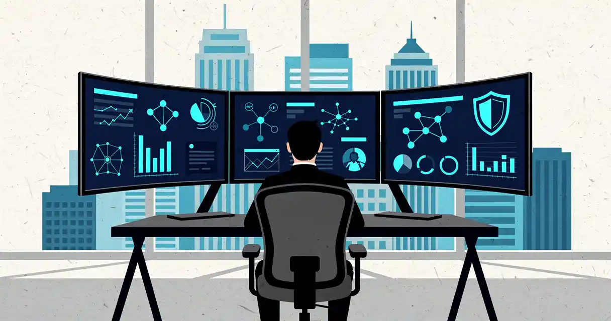 Cybersecurity analyst workstation with curved monitors showing network diagrams overlooking Atlanta skyline through floor-to-ceiling windows