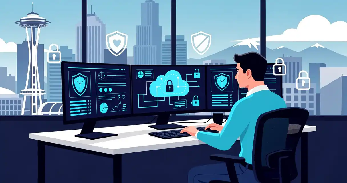 Cybersecurity professional reviewing cloud architecture diagrams on multiple monitors with Space Needle visible through windows