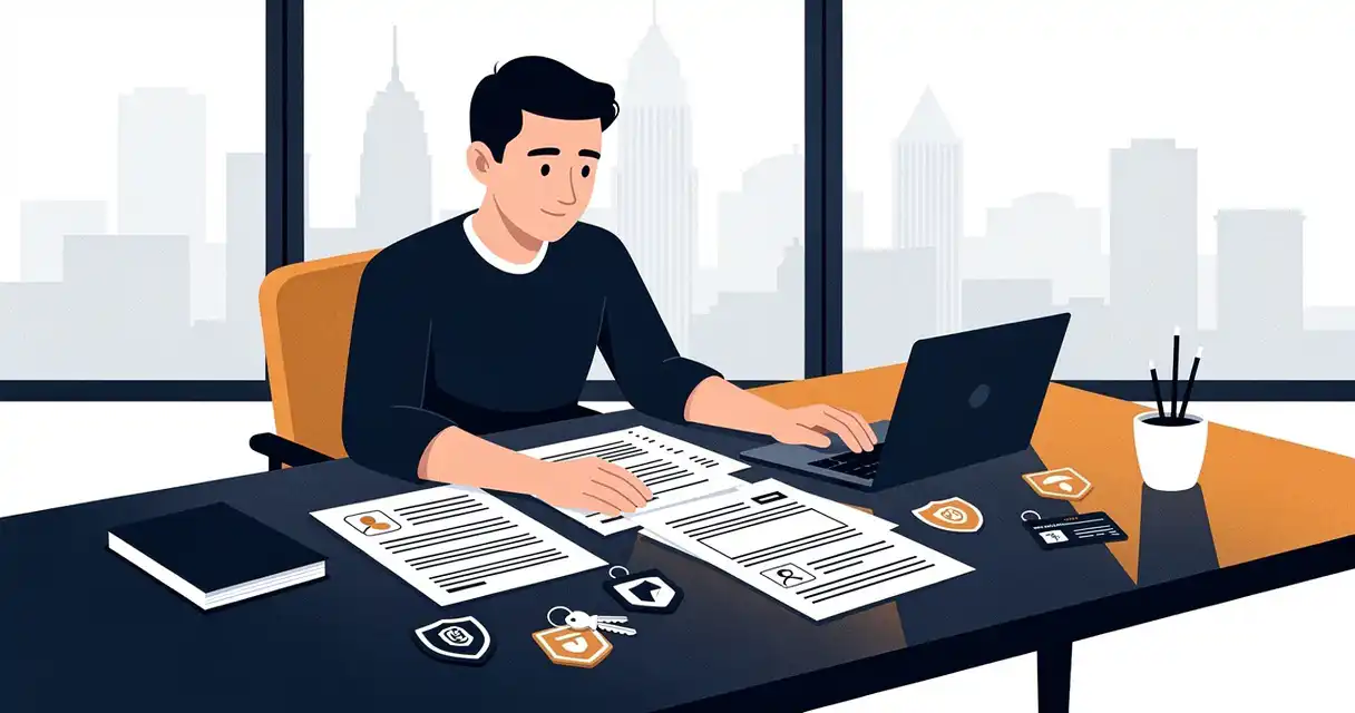 Cybersecurity professional at modern desk reviewing identity access management documents with security badges, Atlanta skyline visible through windows
