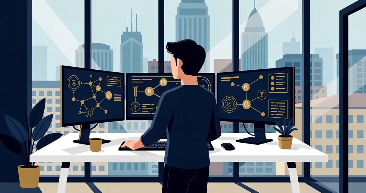 Cybersecurity professional at standing desk with multiple monitors showing network diagrams, Atlanta skyline visible through windows