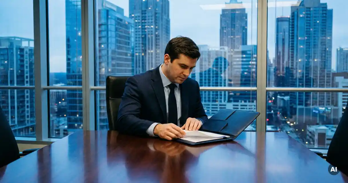 Professional reviewing a resume folder at a dark conference table with Atlanta's glass skyscraper skyline visible through floor-to-ceiling windows.