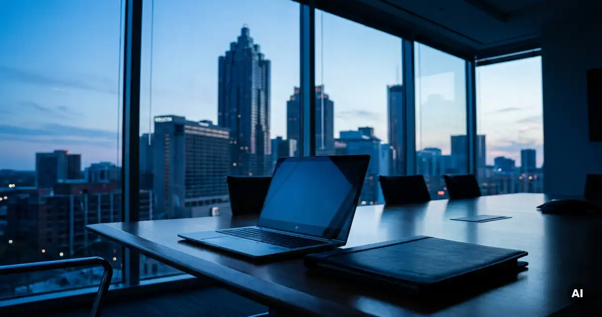 Atlanta skyline at dusk seen through glass office window, with open laptop and leather portfolio on a dark conference table.