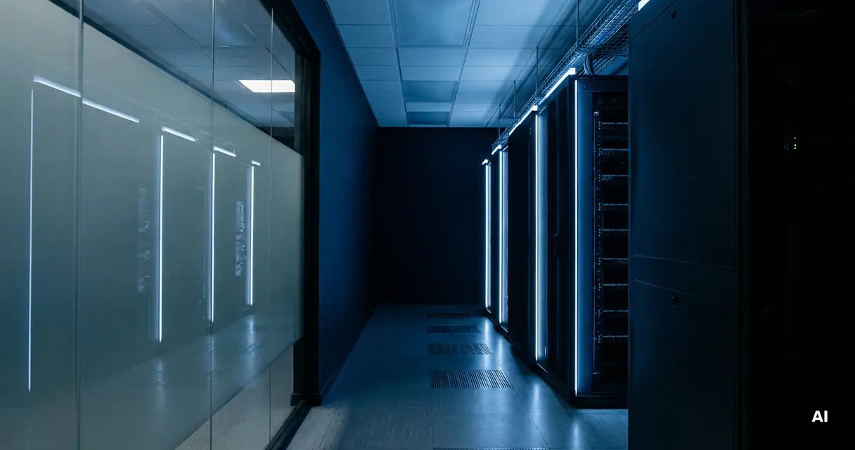 Server room corridor receding into perspective, midnight navy walls with ice-blue ambient lighting tracing dark steel rack edges.