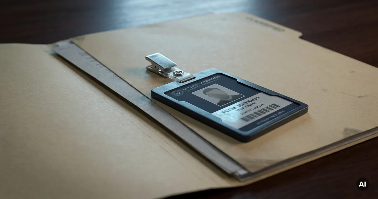 Classified government personnel file folder open on a mahogany desk with an official ID badge resting across the documents.