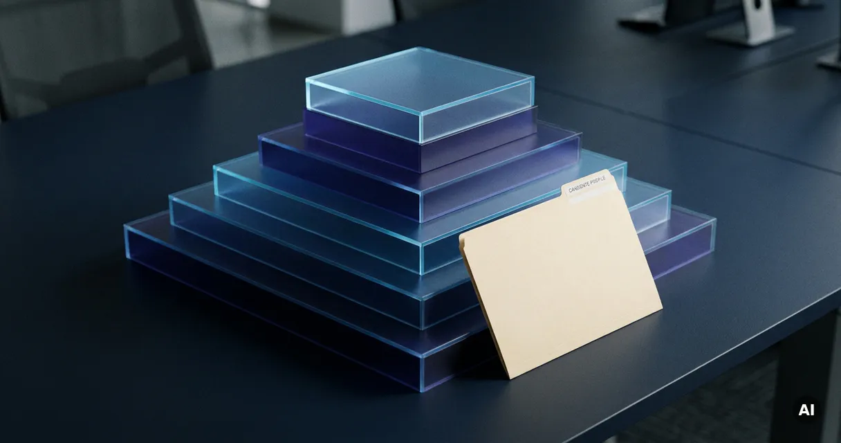 Frosted acrylic cloud architecture diagram model with layered geometric tiers on a navy desk, candidate profile folder resting at the base.